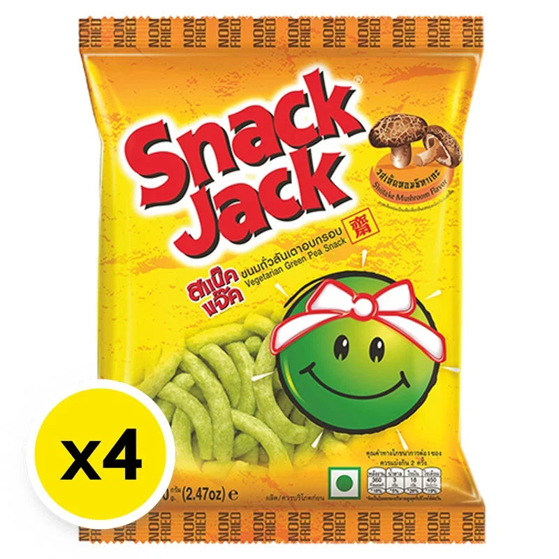 Snack Jack green pea and shiitake mushroom flavored snacks in 70g packs, four-pack, crispy confectionery treat.