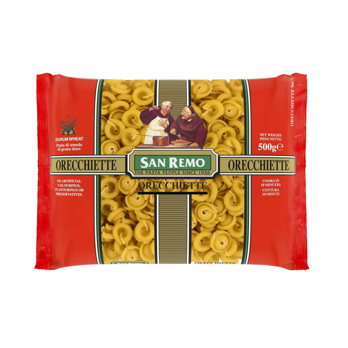 San Remo Orrechiette Pasta in a grocery package, showing the short, rounded pasta shape typical of this Italian pasta variety.