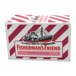Fisherman's Friend Sugar Free Cherry lozenges in a clear container, showcasing the bright red cherry-flavored candies.