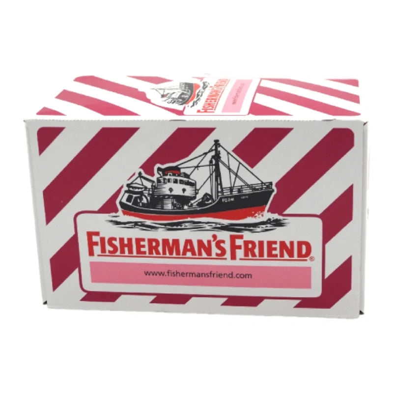 Fisherman's Friend Sugar Free Cherry lozenges in a clear container, showcasing the bright red cherry-flavored candies.