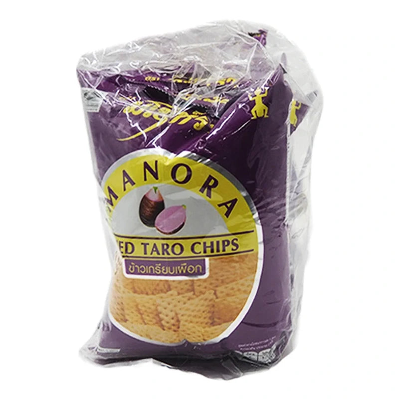 Manora Fried Chips Taro 65g, snack confectionery with crispy taro chips in a colorful package, four packs shown.
