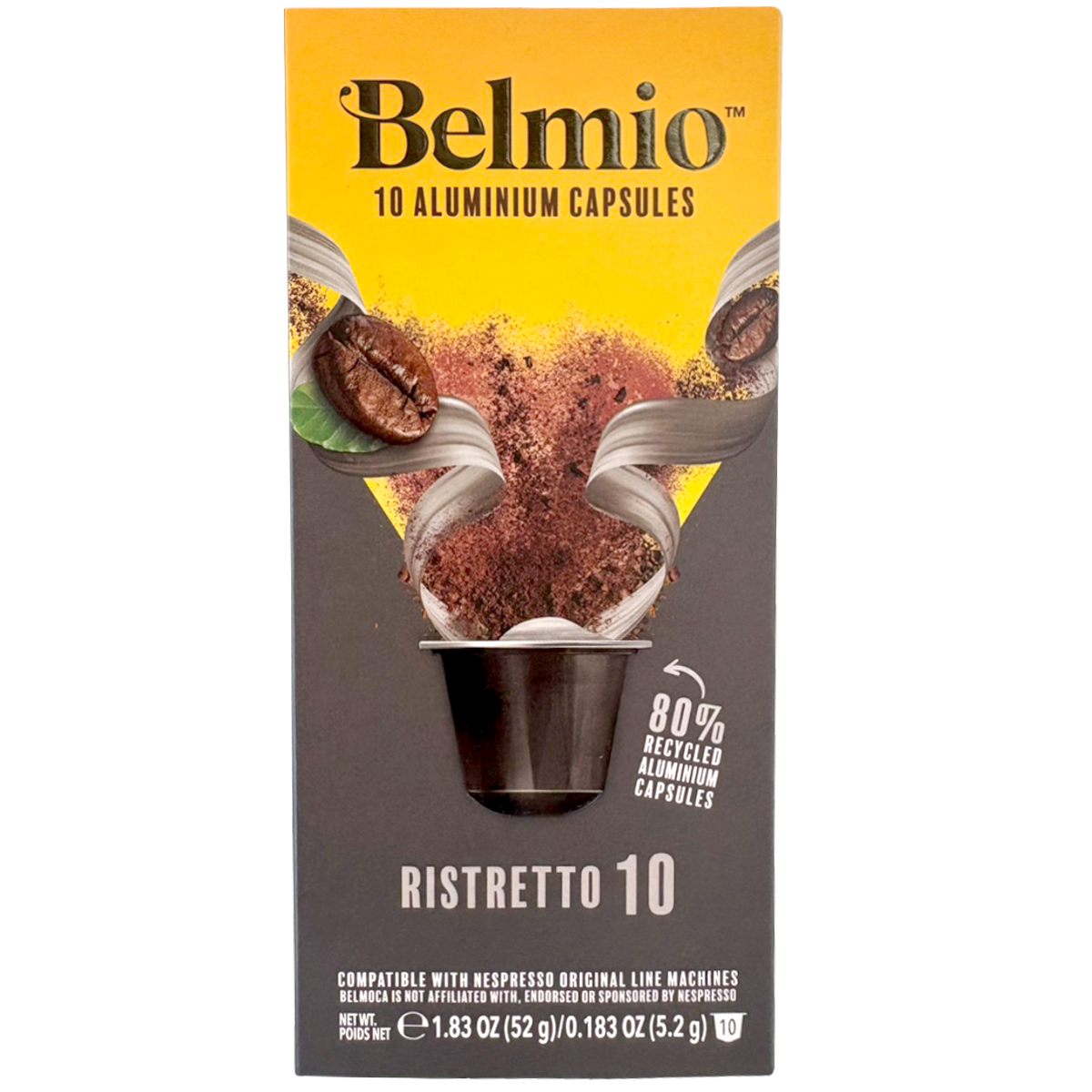 Belmio Ristretto coffee capsules, 10-pack, featuring small espresso capsules for brewing rich, intense Belmio coffee drink.