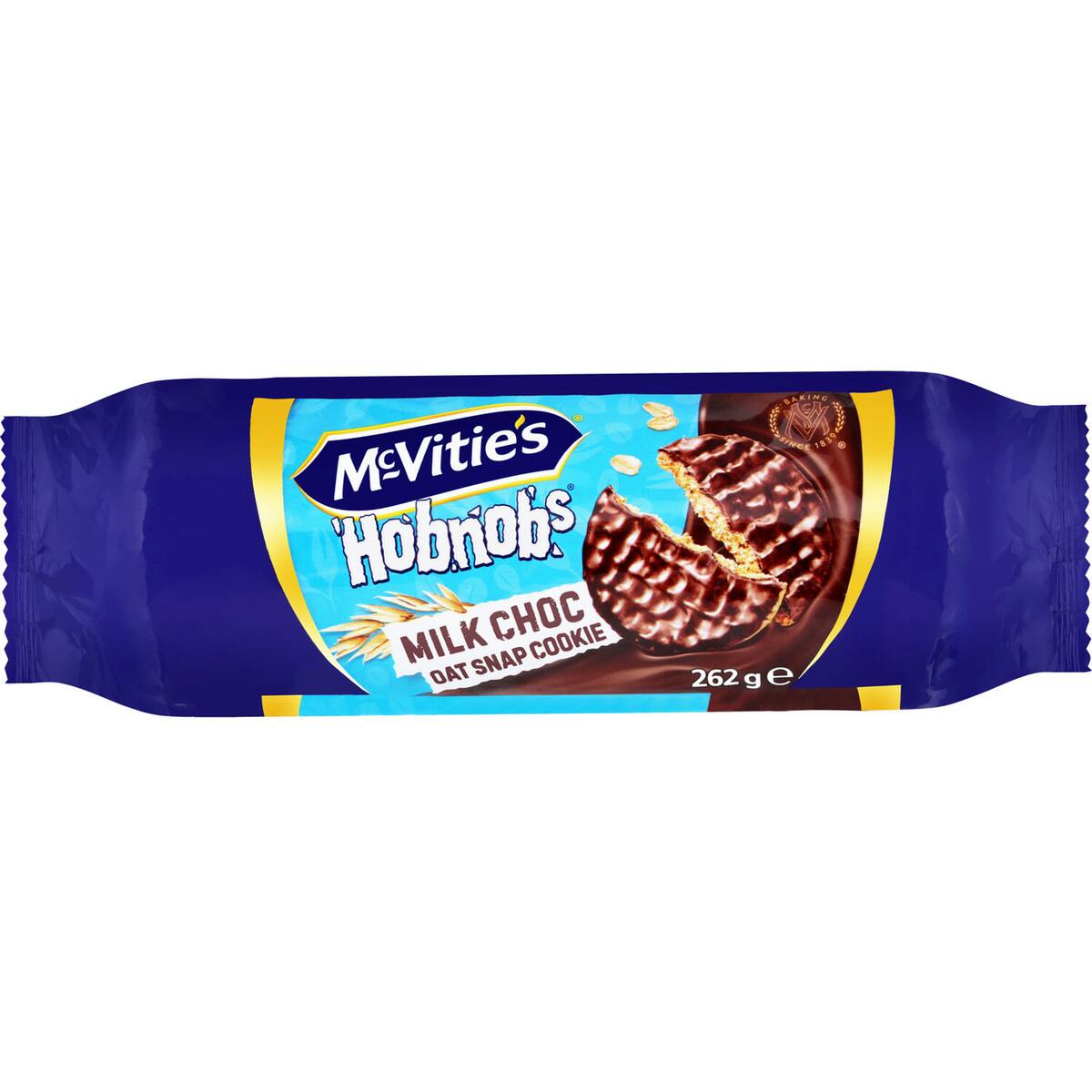 Mcvitie's Hobnobs Milk Choc confectionery snacks featuring crunchy biscuits with milk chocolate coating.