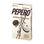 Lotte Pepero White Cookie snack sticks, 32g, with white chocolate coating and cookie crunch, in a packaging image.