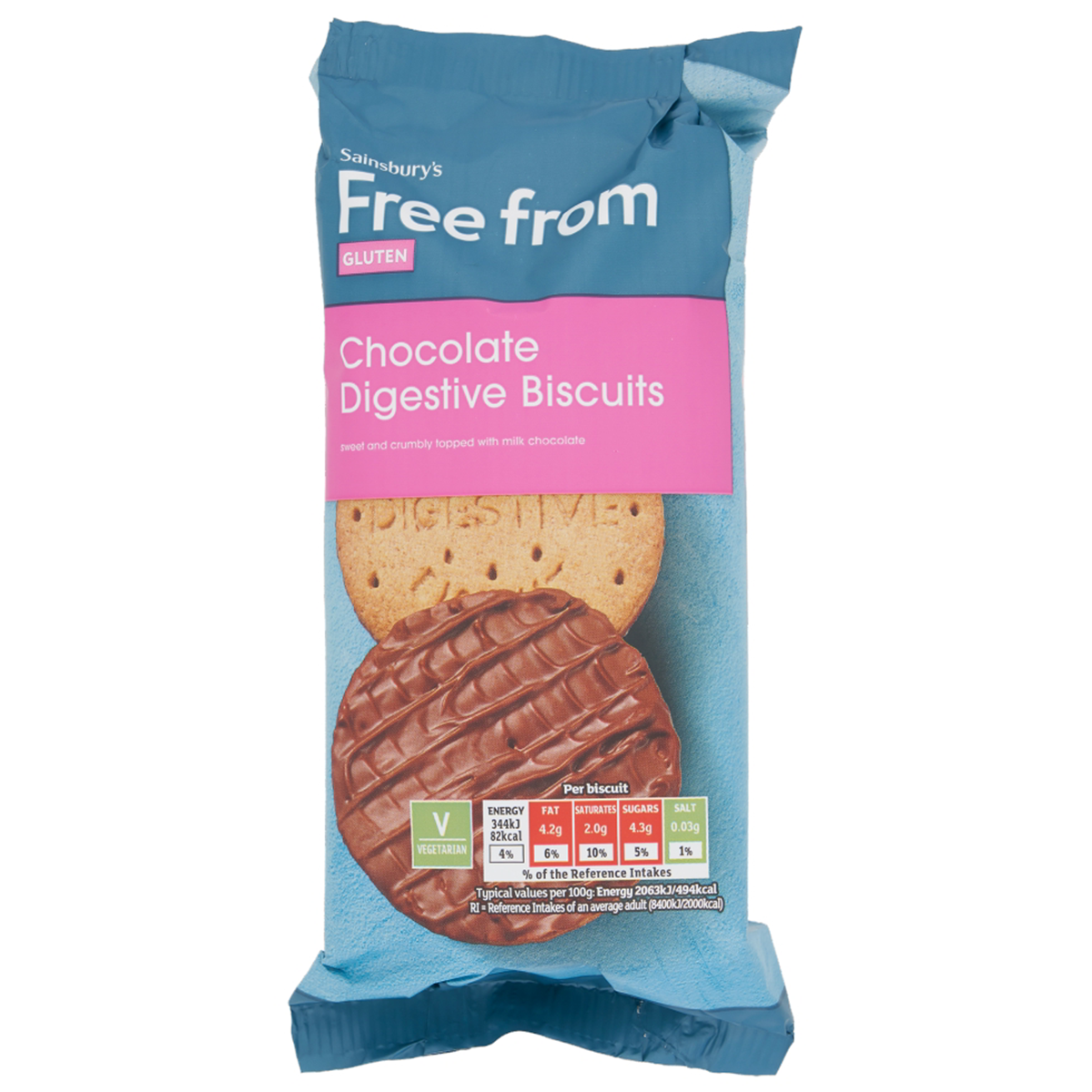 Sainsbury's Free From Chocolate Digestives biscuits in a package, gluten-free confectionery snack with chocolate coating and biscuit base.