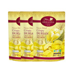 Sriwanna Freeze Dried Durian 210g in a clear package, showcasing golden dried durian pieces for dry grocery.