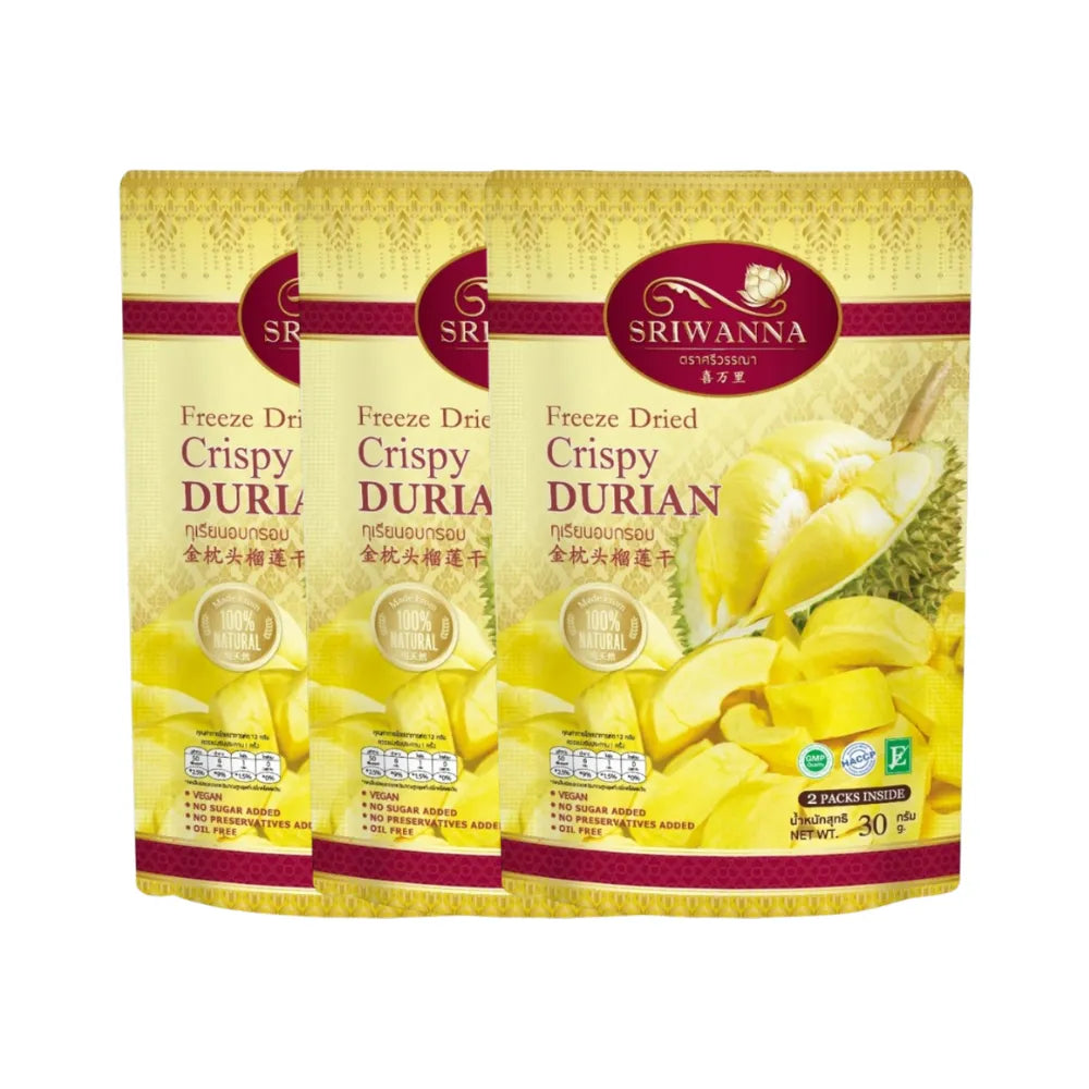 Sriwanna Freeze Dried Durian 210g in a clear package, showcasing golden dried durian pieces for dry grocery.