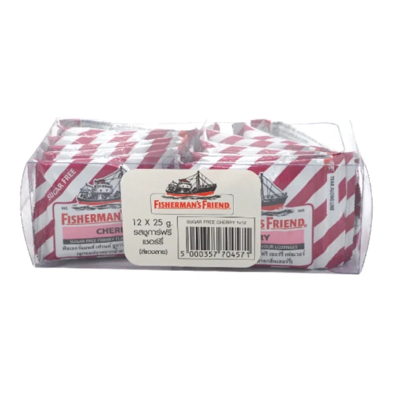 Fisherman's Friend sugar-free cherry lozenges in a pack of 12, soft candies for quick relief and refreshing cherry flavor.
