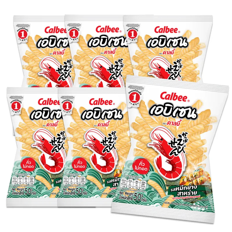 Calbee Grilled Squid Seaweed Flavored Snack in 50g package, dry grocery snack, crispy and seasoned seaweed-flavored squid snack