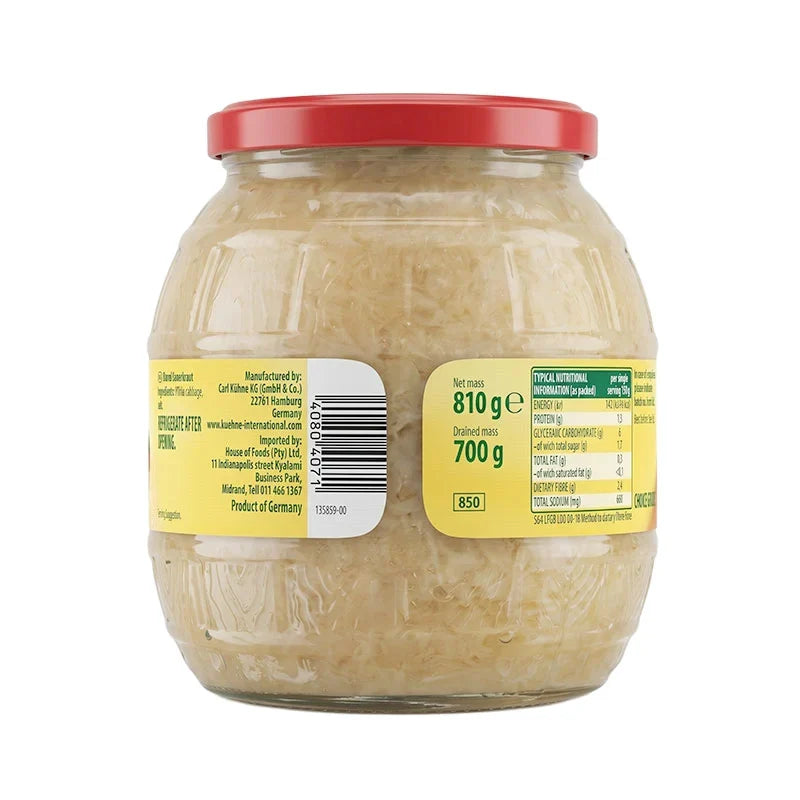 Kuhne Barrel Sauerkraut in an 810g jar, showing shredded fermented cabbage with a rustic label, on a white background.