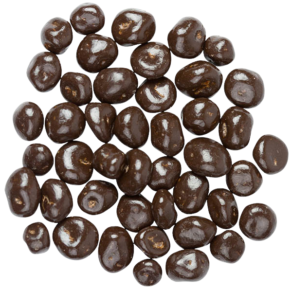 Sunridge Farms dark chocolate raisins in a clear bowl, showing glossy raisins coated with rich dark chocolate.