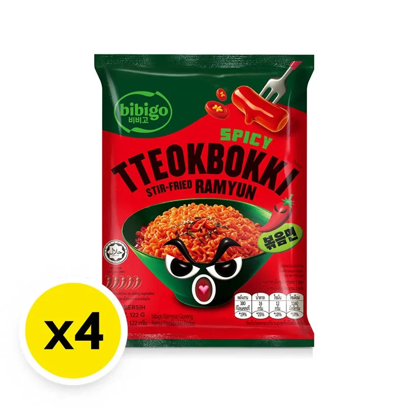 BIBIGO Bibigo Instant Noodles Stir Fried Ramyun with spicy Tteokbokki flavor, dry grocery Korean ramen in package