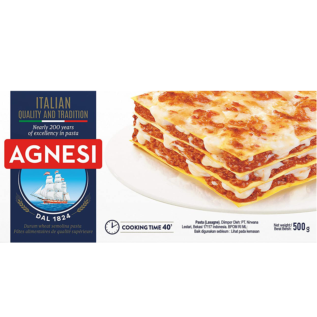 Agnesi Lasagne #87 in a grocery package, showing uncooked lasagna noodles with layered pasta sheets for cooking.
