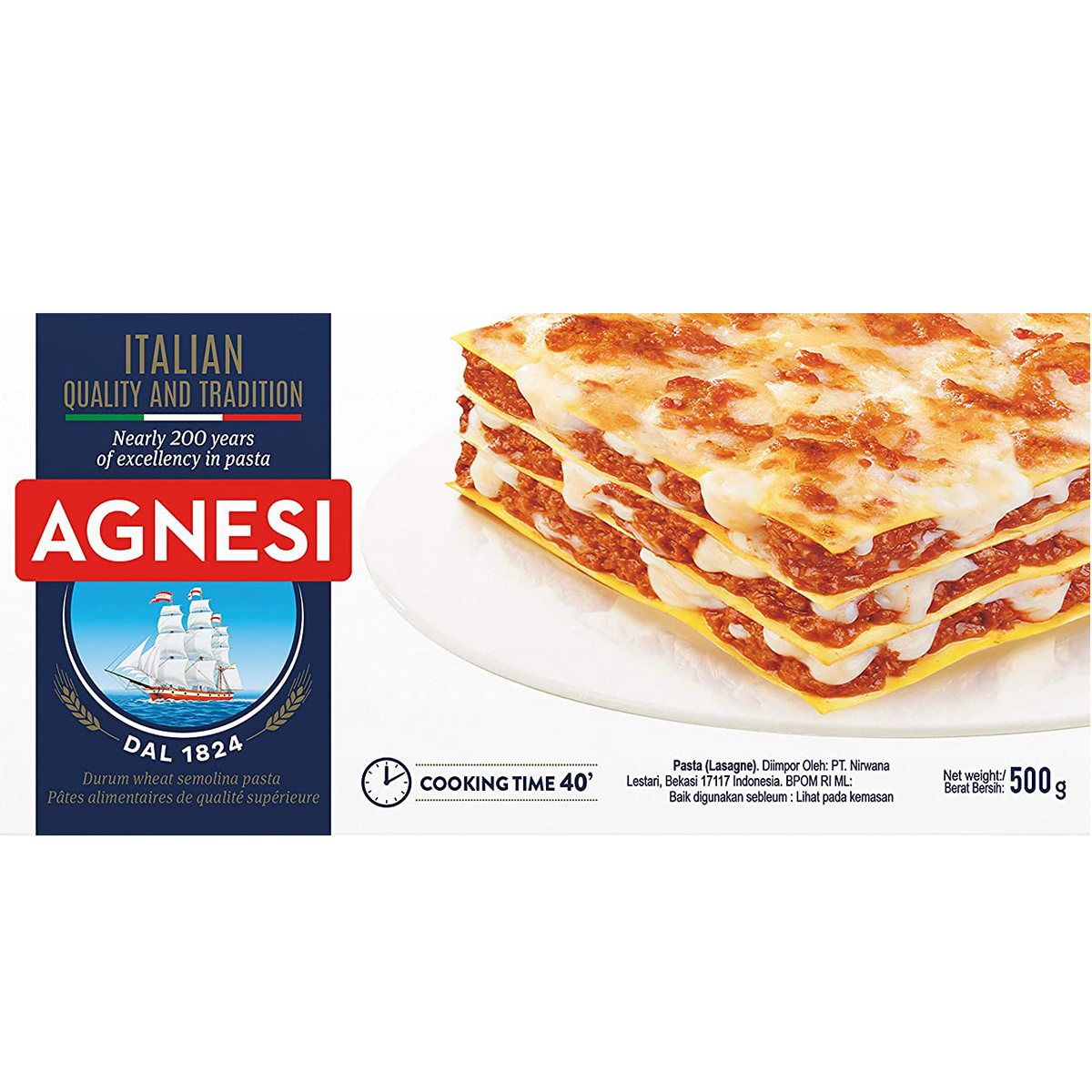 Agnesi Lasagne #87 in a grocery package, showing uncooked lasagna noodles with layered pasta sheets for cooking.