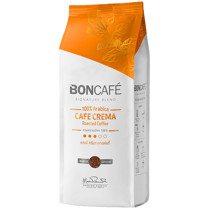 Boncafe Cafe Crema roasted coffee drink in a glass mug, showcasing rich coffee with a creamy froth on top.