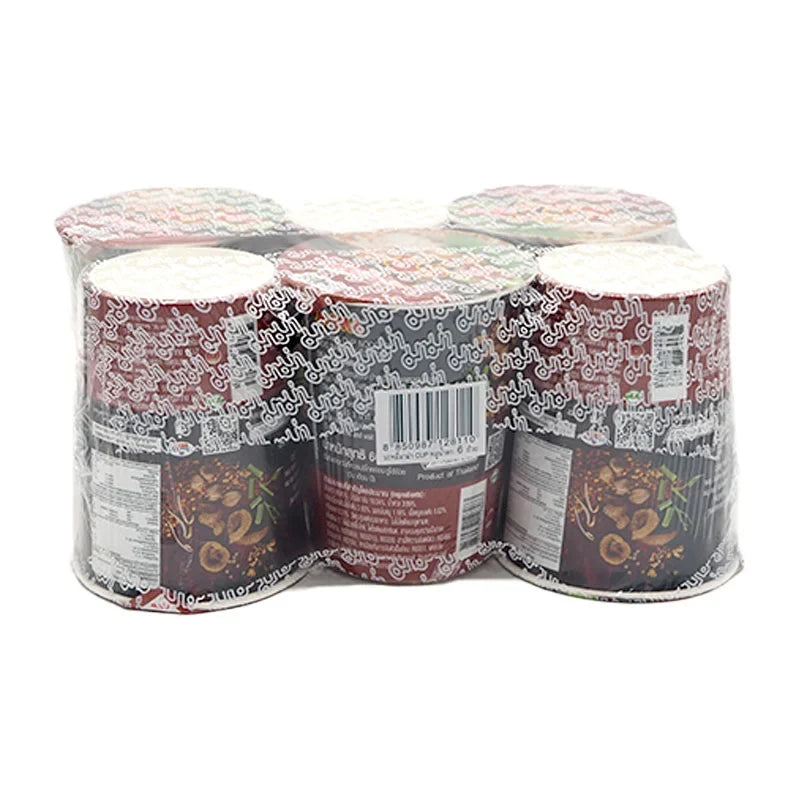 Mama Cup Instant Noodle Moo Namtok, 60g x6, dry grocery product featuring flavorful Thai-style instant noodles in a convenient cup.
