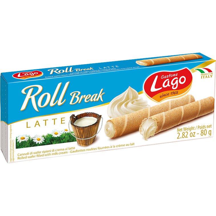 Lago Roll Break Milk confectionery snack with milk-flavored rolled wafer biscuit on a white background.