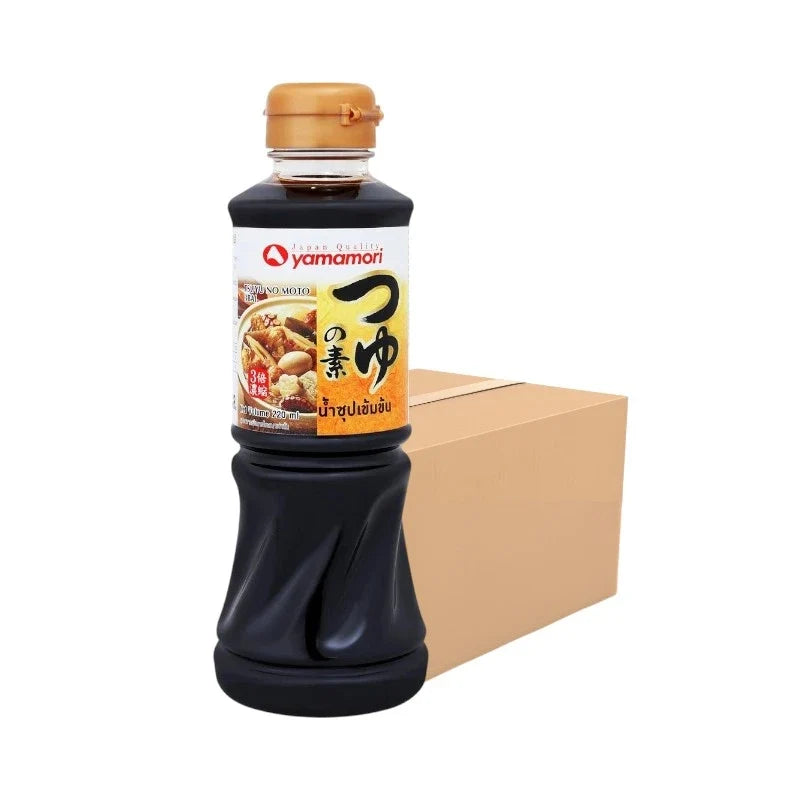 Yamamori concentrated soup oden in 220ml bottles, arranged in a box, ideal for Japanese dry grocery and authentic oden flavor.