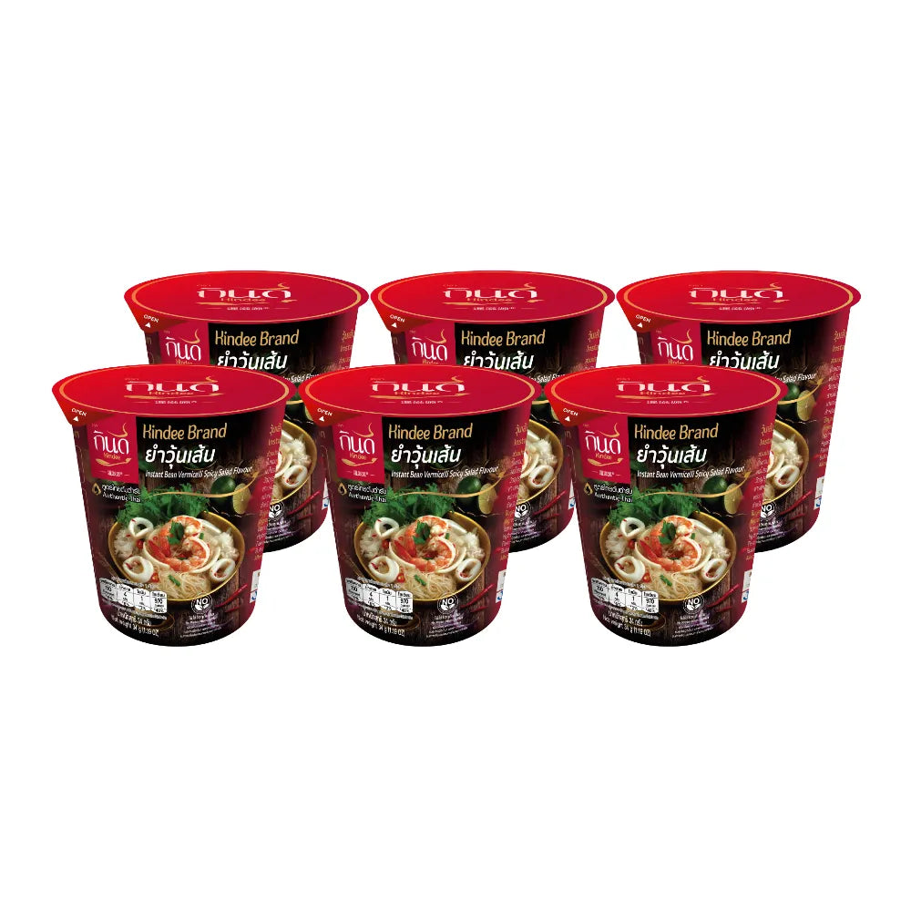Kindee Glass Noodle Salad Cup 34g, dry grocery product with six individual cups, featuring transparent glass noodles in clear packaging.