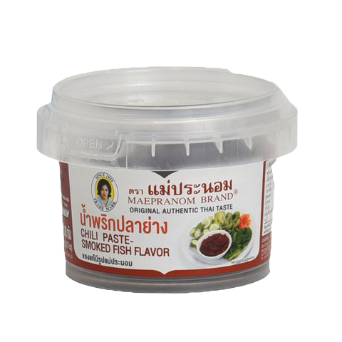 Mae Pranom Grilled Fish Chili Paste in jar, traditional Thai grocery product with vibrant label and rich chili and fish ingredients.