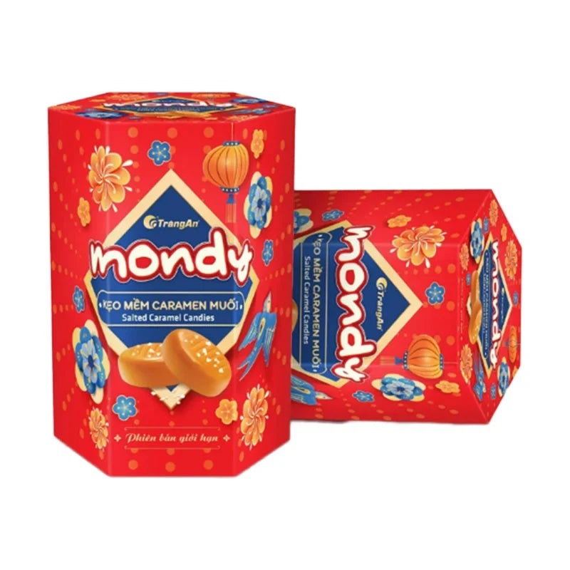Mondy Salted Caramel Candy in 100g package, showing golden caramel pieces in a clear wrapper, ideal for dry grocery shopping.