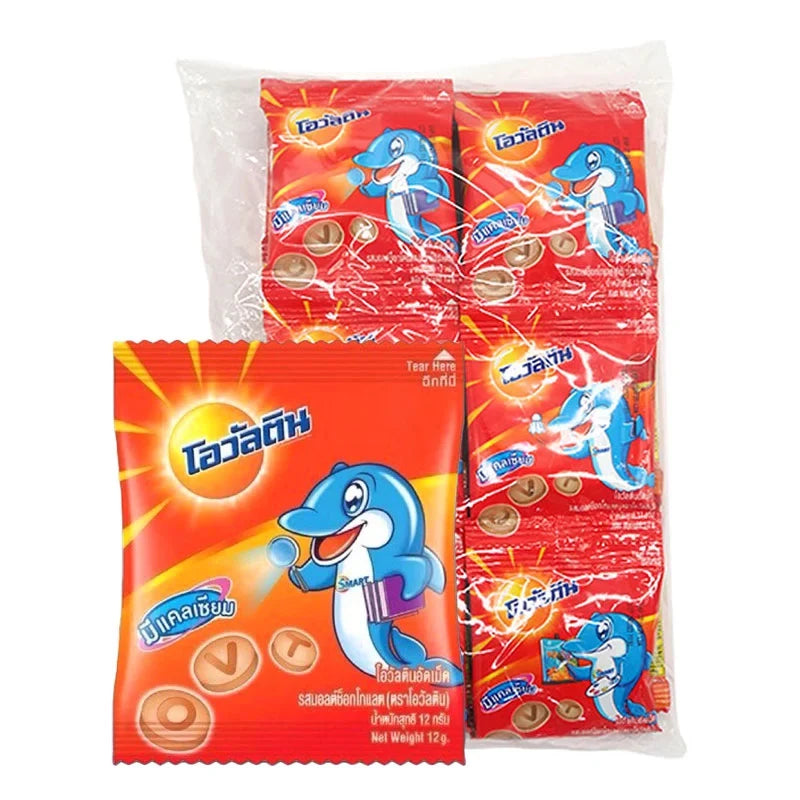 Ovaltine Malt Chocolate Tablets in 12g packs, dry grocery product showing a row of chocolate malt tablets on a white background.