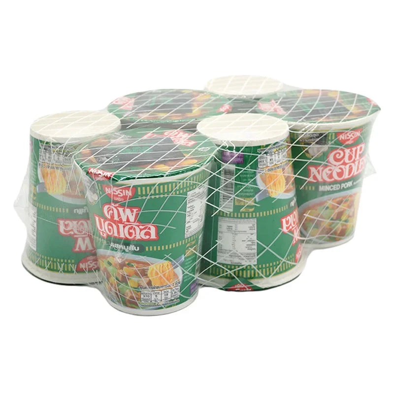 Nissin Cup Instant Noodle Minced Pork Flavor 77g, dry grocery product with noodles and seasoning in a cup.