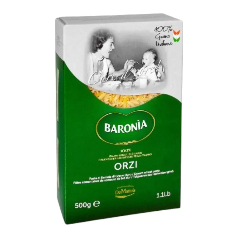 Baronia Orzi pasta 500g package, dry grocery product with a clear view of the pasta's shape and packaging design.