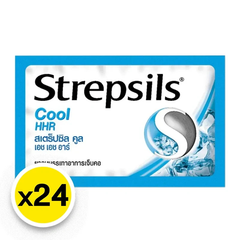 Box of Strepsils Throat Lozenges Cool HHR by Strepsils, showing 24 lozenges inside the packaging.
