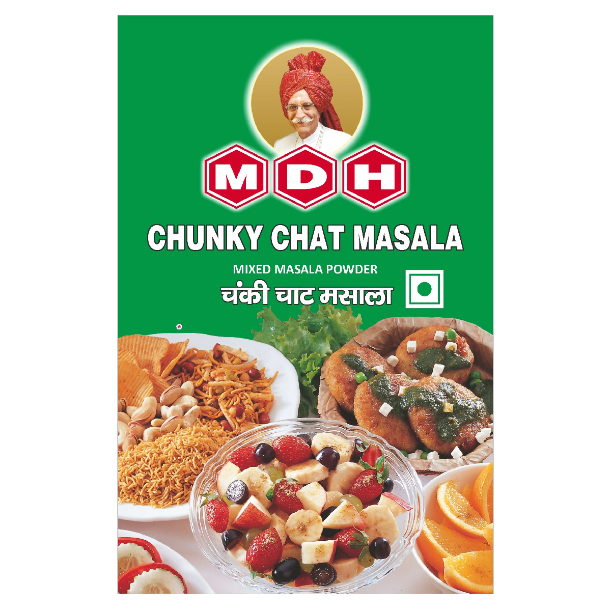 Mdh Chunky Chat Masala in a spice jar, used for flavoring chat and Indian snacks, from the Mdh grocery brand.
