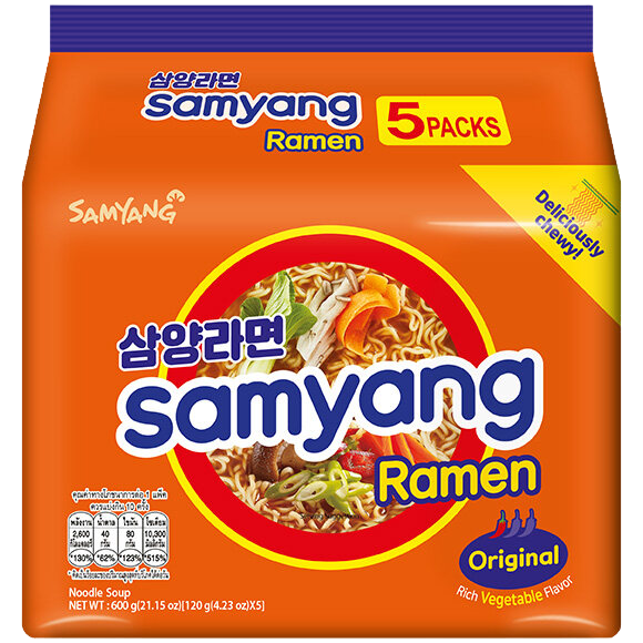 Samyang Original Ramen grocery product, packaged instant noodle bowl with spicy flavor, ready for quick, flavorful meals.