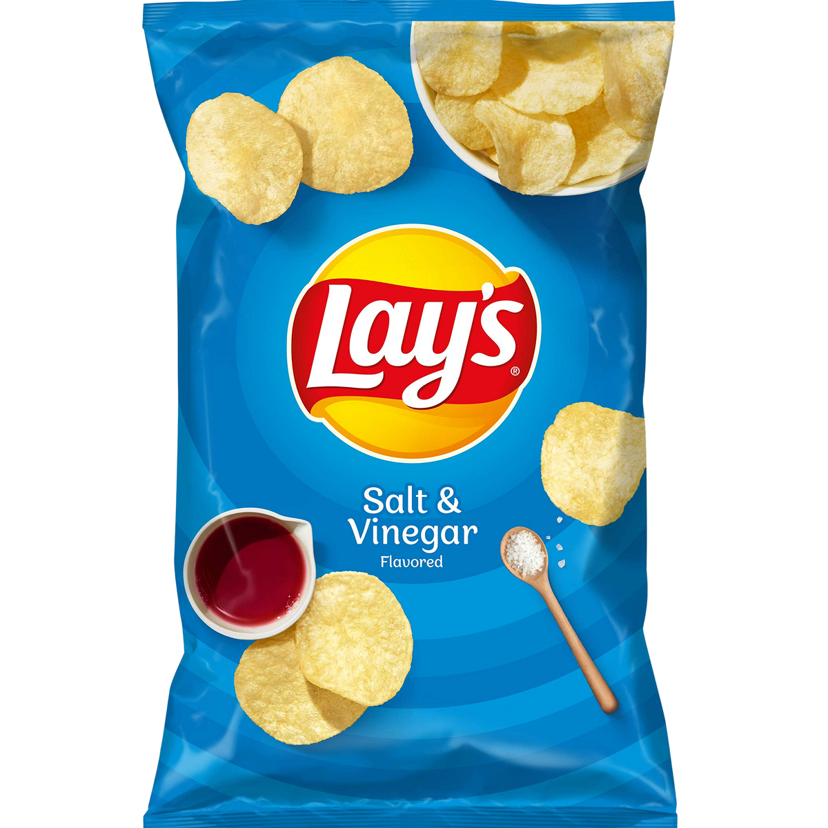 Lay's Salt & Vinegar potato chips in a bag, showing the crispy chips and flavor details on the packaging.