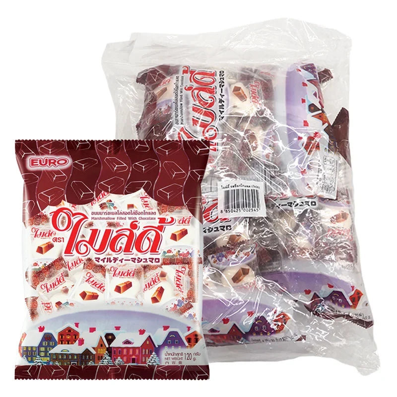 Mildy Chocolate snack packs, 120g each, in a trio of dry grocery confectionery from the MILDY brand, shown in a close-up image.