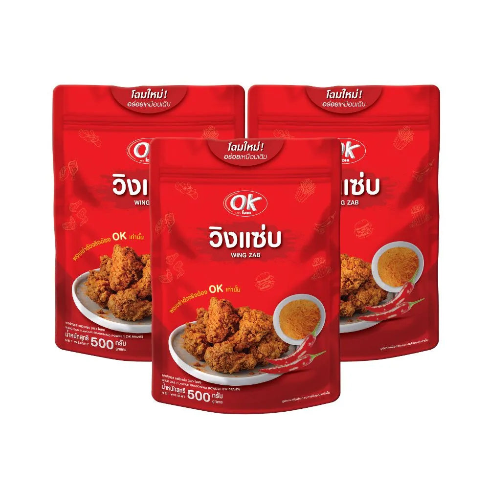 OK Shake Powder Spicy Swing flavor in a 500g package, dry grocery product with spicy seasoning visible in the image.