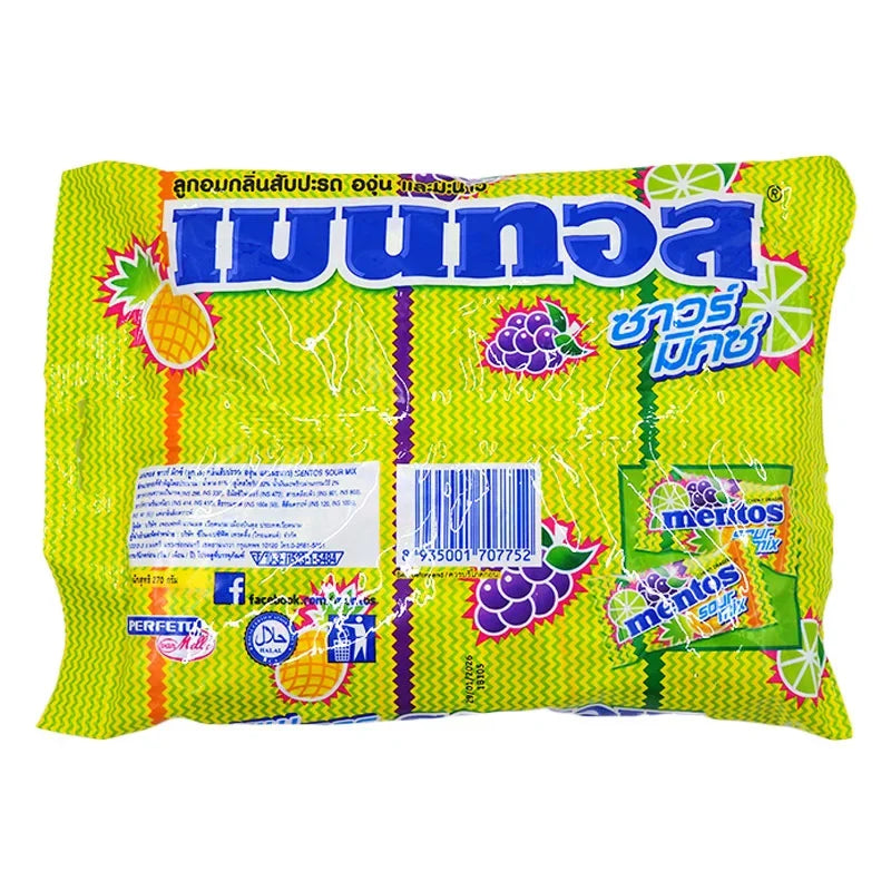 Mentos Sour Mix candy in colorful packaging, featuring a variety of tangy, chewy Mentos candies from the MENTOS brand.
