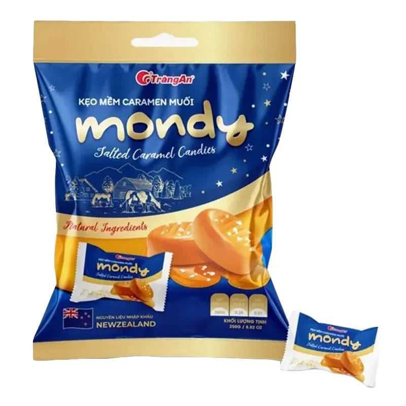 Mondy Salted Caramel Candy 180g, dry grocery snack featuring creamy caramel and salted flavor in a clear package.