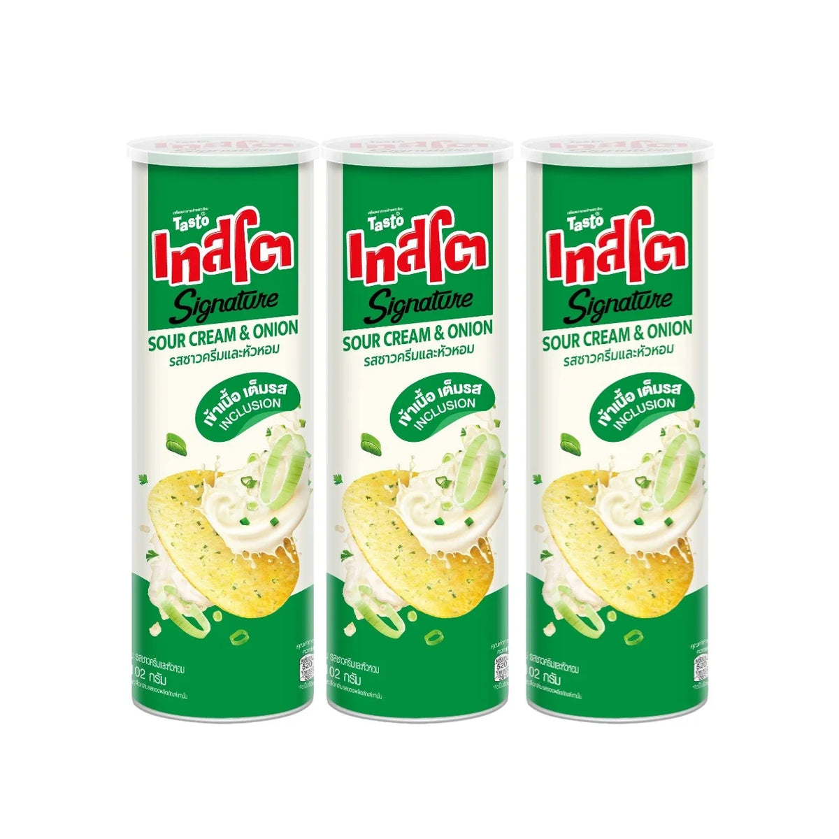 Tasto Signature Inclusion Crisps Sour Cream & Onion 102g, crunchy snack with sour cream and onion flavor in a bright package.