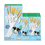 Glico Pocky Biscuit Sticks Milk flavor, 40g packs, stacked with chocolate-coated biscuit sticks for snacking.