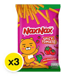 Naxnax Baked Stick Snack Spicy Tomato 65g, three packs of crunchy, savory tomato-flavored snack sticks in a colorful package.