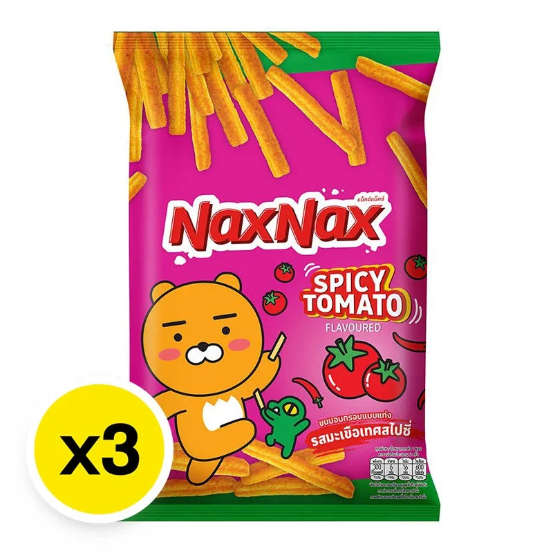 Naxnax Baked Stick Snack Spicy Tomato 65g, three packs of crunchy, savory tomato-flavored snack sticks in a colorful package.