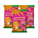 Naxnax Baked Stick Snack Spicy Tomato flavor, 65g packs, crispy snack confectionery with spicy tomato seasoning.