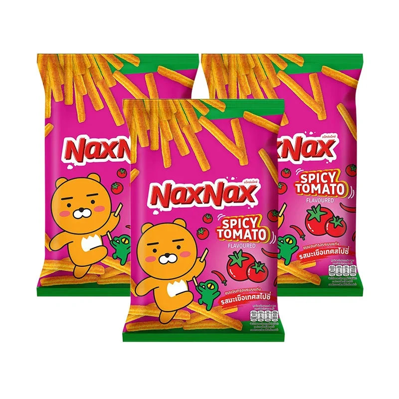 Naxnax Baked Stick Snack Spicy Tomato flavor, 65g packs, crispy snack confectionery with spicy tomato seasoning.