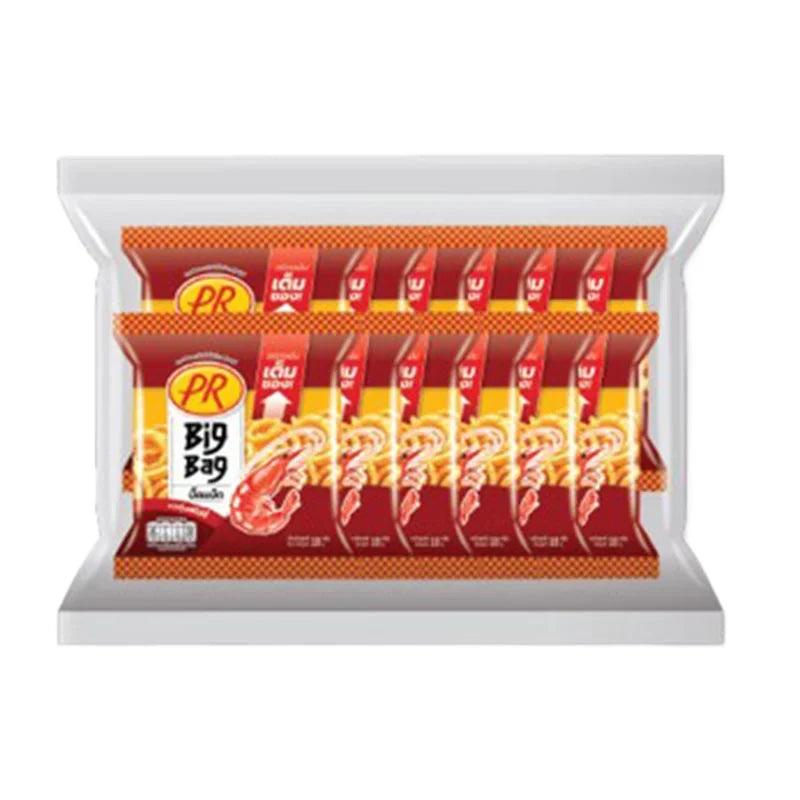 PR Big Bag Rice Crackers spicy shrimp flavor, 18g snack pack, crispy dry grocery snack in colorful packaging