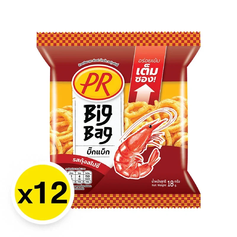 PR Big Bag Rice Crackers spicy shrimp flavor, 18g snack pack, crunchy dry grocery snack in a colorful bag.