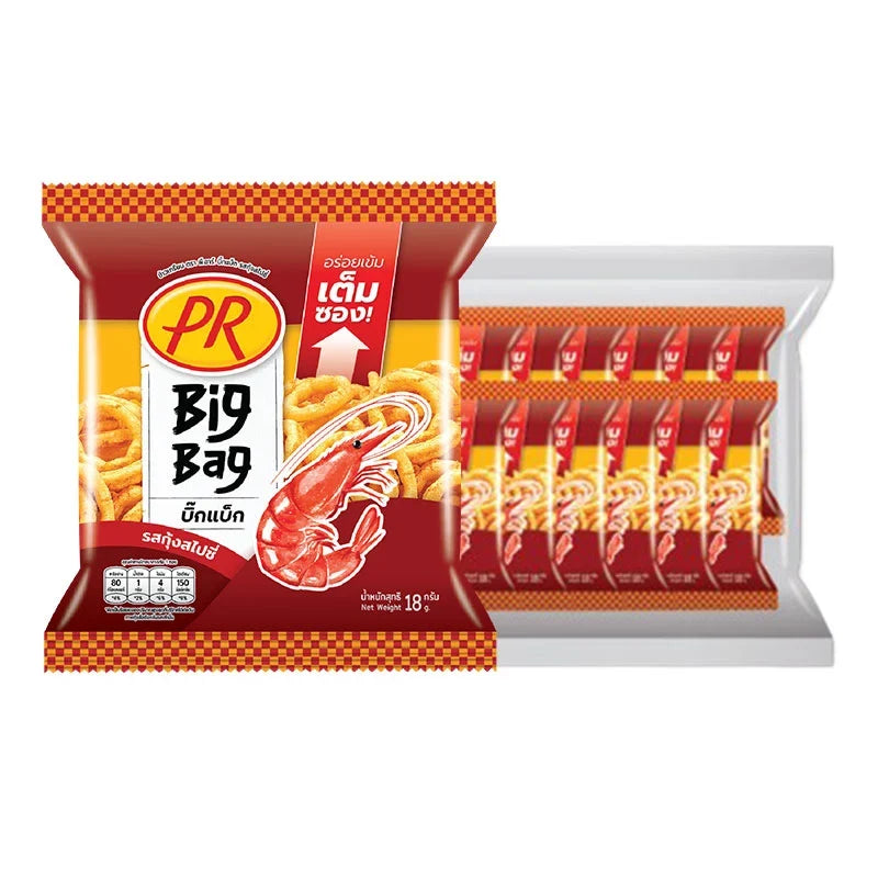 PR Big Bag Rice Cracker Spicy Shrimp Flavor 18g snack pack, crunchy dry grocery snack with bold seafood and spicy flavor.