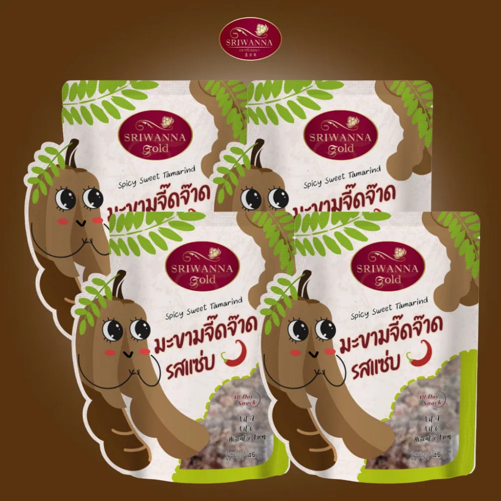 Sriwanna Gold Spicy Sweet Tamarind, 45g x 4 packs, dry grocery product with vibrant tamarind pieces in a clear package