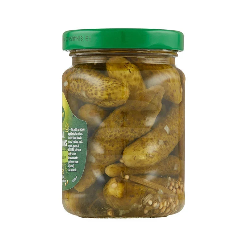Kuhne Cocktail Cornichons in 180g jar, small pickled gherkins with a crisp texture, suitable for snacks or garnishes.