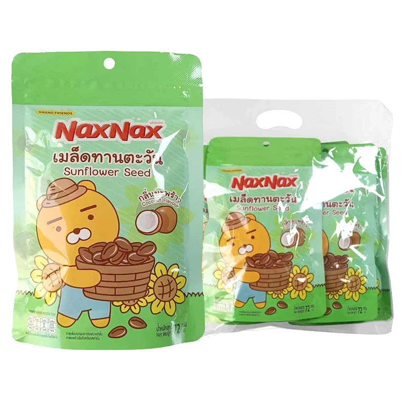 Naxnax Sunflower Seeds Coconut Flavor 72g snack pack, dry grocery, showing colorful sunflower seed packaging with coconut flavor design