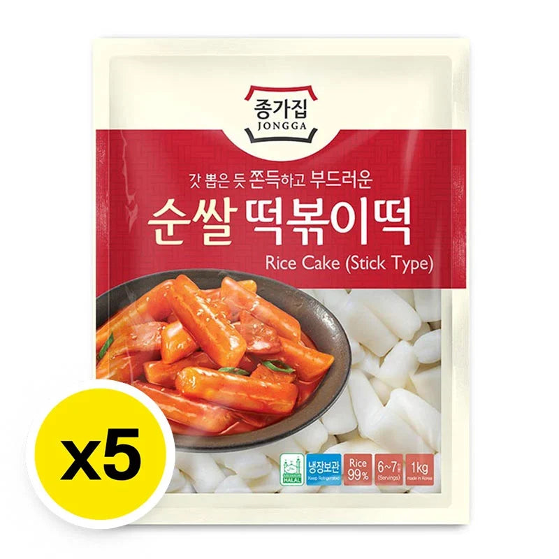 Jongga rice cake stick type, 1kg x 5 packs, dry grocery product with traditional Korean rice cakes in clear packaging