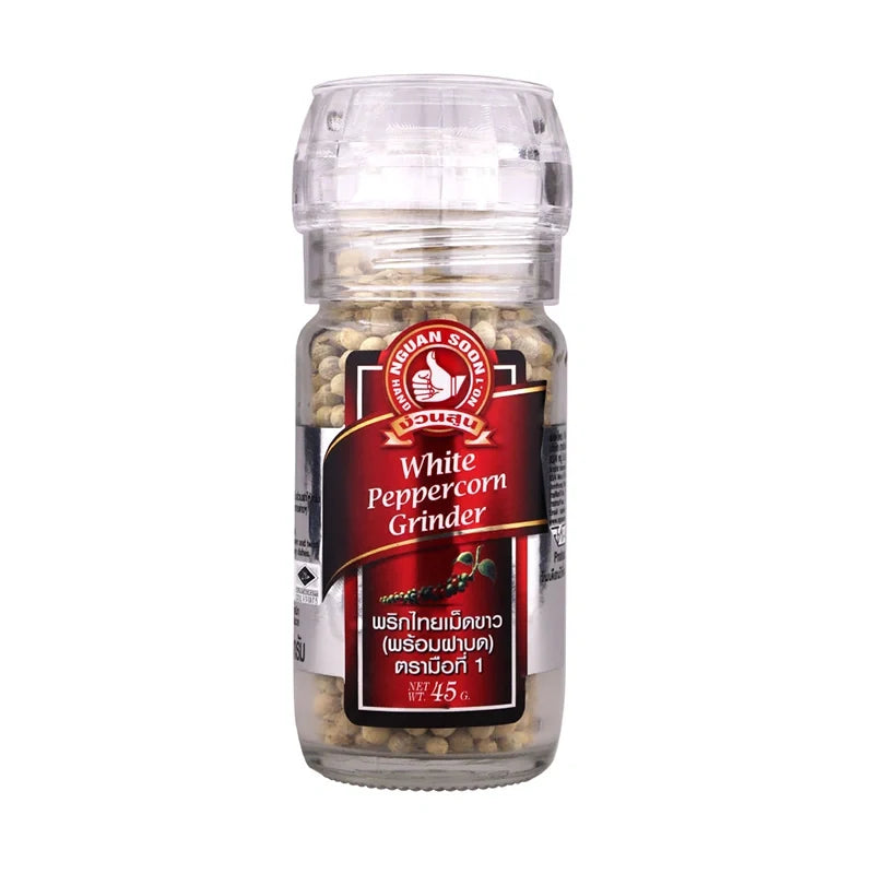 No.1 Hand Brand White Peppercorn Grinder 45g, dry grocery product, showing the white peppercorns inside the clear grinder container.